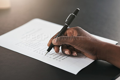 Buy stock photo Checklist tick, closeup and hands with a pen, agenda or planning administration at work. Receptionist, plan and person with notes on a document for schedule, time management or working on a goal