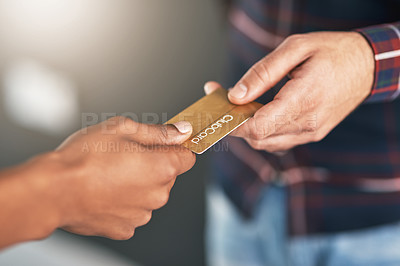 Buy stock photo Closeup, hands and man with a credit card, payment and transaction with discount, sales and retail. Zoom, buyer and shopper with banking, shopping and customer with plastic, paying and services