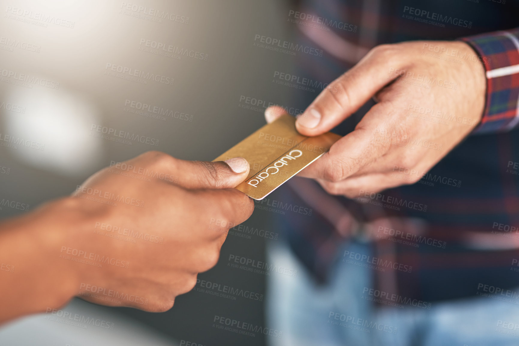 Buy stock photo Closeup, hands and man with a credit card, payment and transaction with discount, sales and retail. Zoom, buyer and shopper with banking, shopping and customer with plastic, paying and services