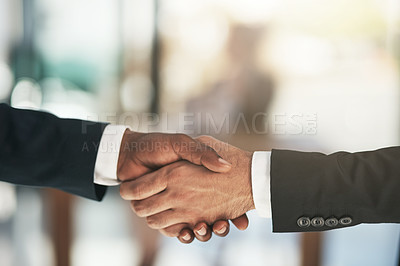 Buy stock photo Handshake, partnership and b2b with business people in the office for an agreement or deal together. Thank you, interview and welcome with corporate men shaking hands for greeting during a meeting
