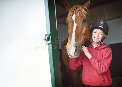 Buy stock photo Portrait, girl and horse with happiness, pride and affection for equestrian, care and training on farm. Female person, teenager and animal in support, love and bonding for sports, race or competition