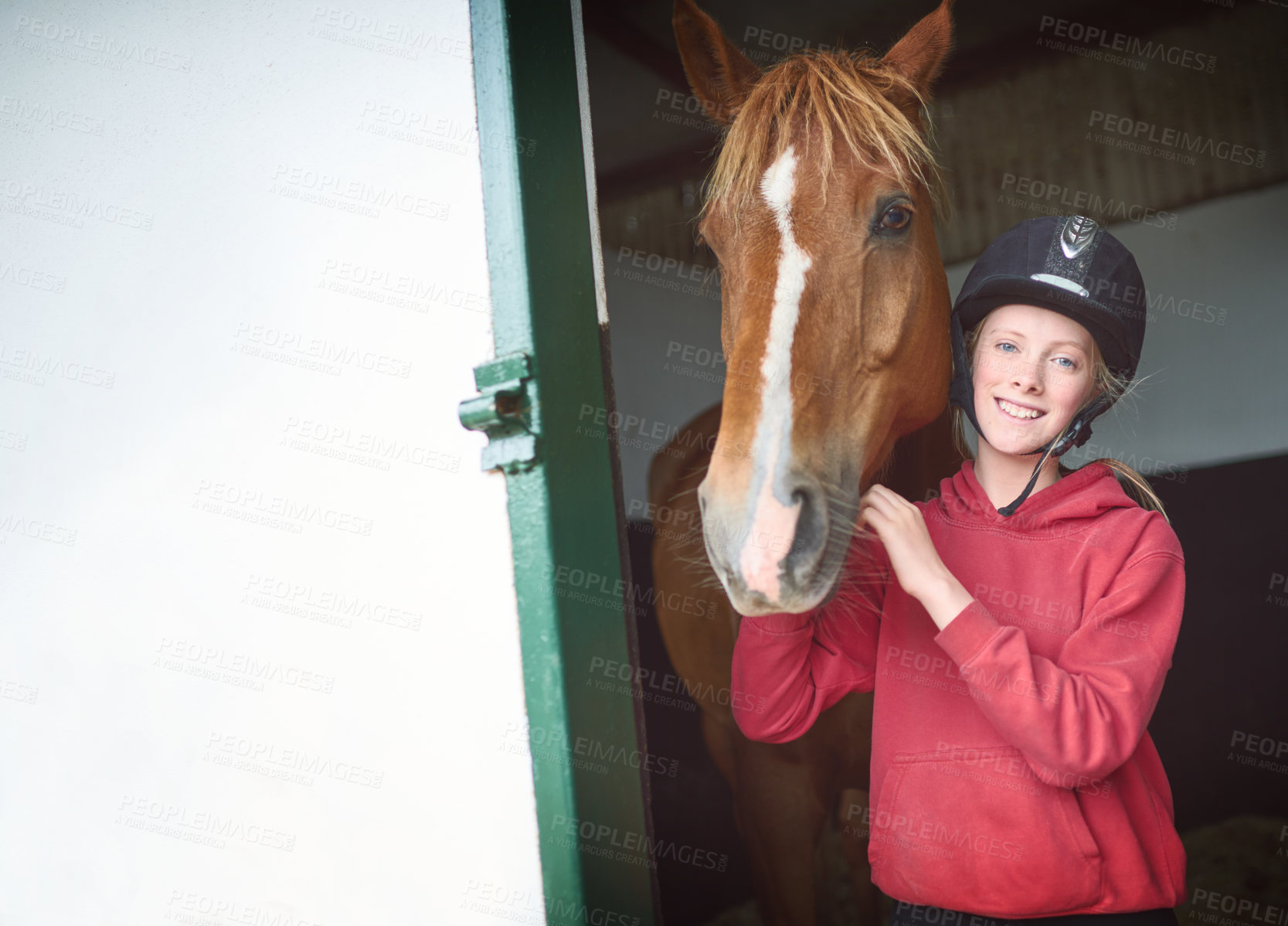 Buy stock photo Portrait, girl and horse with happiness, pride and affection for equestrian, care and training on farm. Female person, teenager and animal in support, love and bonding for sports, race or competition