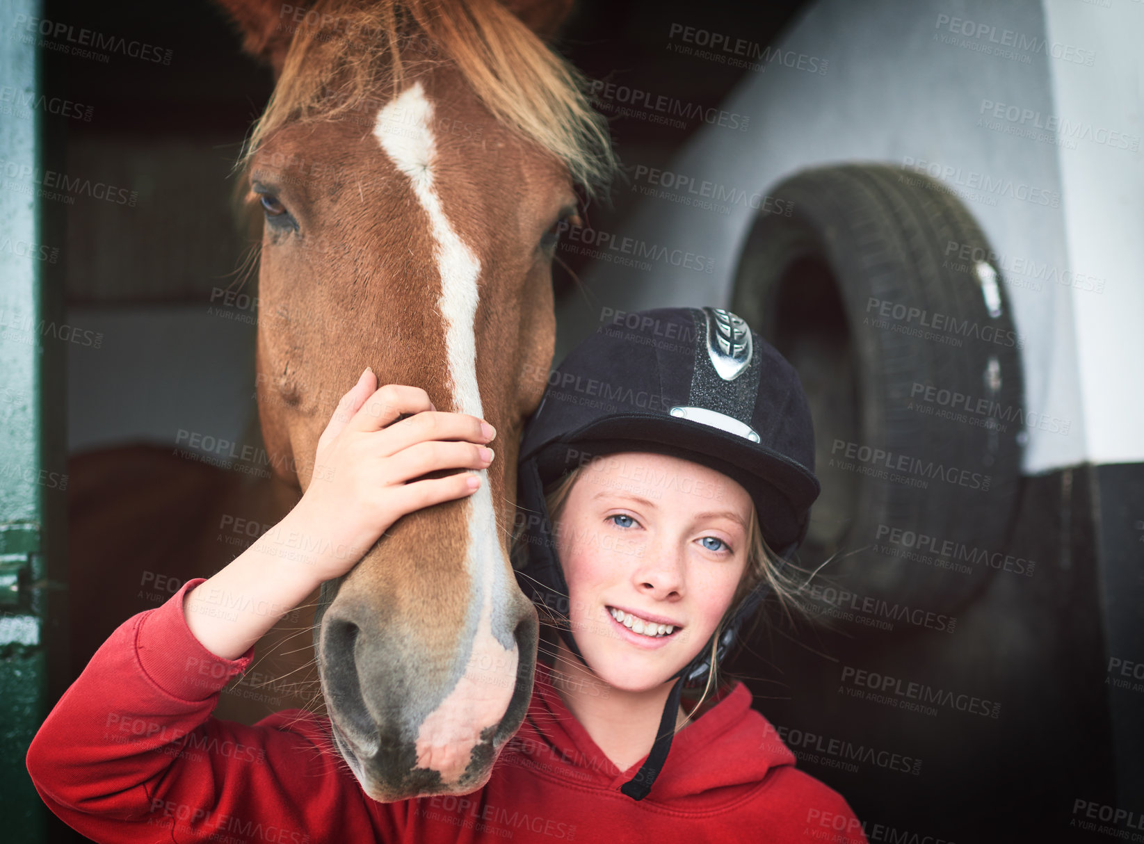 Buy stock photo Portrait, girl and horse rider with happiness, pride and affection for equestrian, care and training on farm. Female person, teenager and animal in support, love and bonding for sports or competition