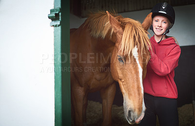 Buy stock photo Portrait, girl and horse with happiness, bonding and affection for equestrian, care and training on farm. Female person, teenager and animal in support, love and pride for sports, race or competition