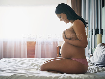 Buy stock photo Full length shot of an attractive young pregnant woman kneeling on her bed at home