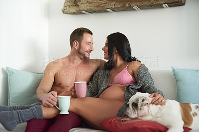 Buy stock photo Couple, pregnant woman and dog in living room for coffee break, love and pregnancy development. Man, wife and pet with underwear, healthy maternity and family for bonding at house with smile