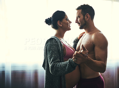 Buy stock photo Couple, pregnant woman and dance in bedroom for prenatal care, bonding and love of pregnancy development. Man, wife and stomach with underwear, healthy maternity and family intimacy at house