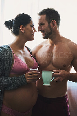 Buy stock photo Man, pregnant woman and coffee break in bedroom for prenatal care, bonding and love of pregnancy development. Couple, wife and stomach with underwear, healthy maternity and together at house