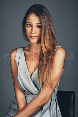 Buy stock photo Portrait, woman and beauty on dark background for fashion, style and pose in backdrop. Female person, confidence and pride in clothes, cosmetics or makeup for salon or haircare in studio or backdrop
