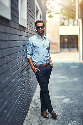 Buy stock photo Man, pride and property in street with sunglasses for fashion, style and trendy in outdoor. Male person, real estate and agent in town for work, corporate or career in men's wear in city background