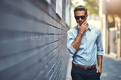 Buy stock photo Sunglasses, style and portrait of man by brick wall in city with trendy, business and classy outfit. Accessory, handsome and male architect with elegant shirt and pants with confidence in town.