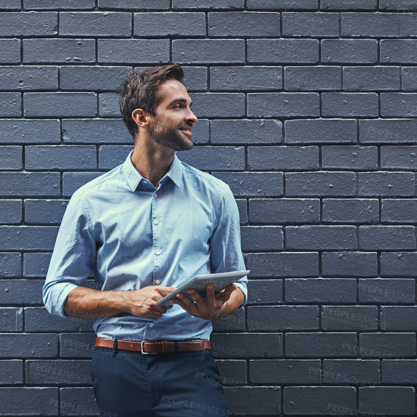 Buy stock photo Business man, tablet and thinking of idea or research online on a wall background mockup space. Dream, digital tech and professional planning future, vision or inspiration of financial consultant