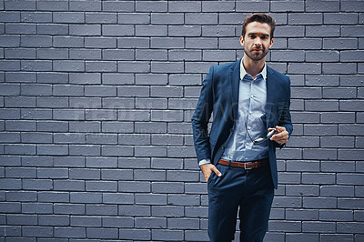 Buy stock photo Fashionable, man and wall in suit with portrait for fashion, style and trendy in outdoor. Male person, pride and confidence in street for work, corporate or career with sunglasses in grey background