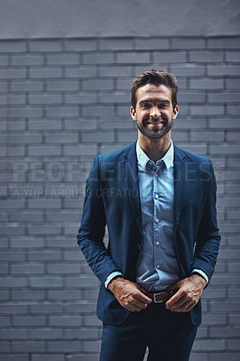 Buy stock photo Businessman, portrait and wall for fashion with confidence or suit, clothing or happy and cool. Male model, backdrop and stylish or formal for career with corporate, lawyer with smile in Washington