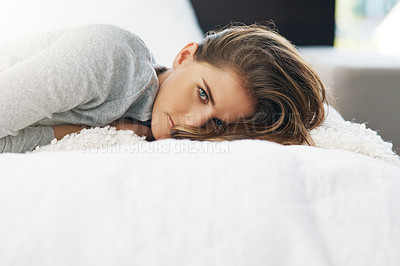 Buy stock photo Home, morning and portrait of woman in bed for relaxing, resting and wake up from sleep in bedroom. wellness, house and face of person with cosy blanket on weekend, vacation and break for comfort
