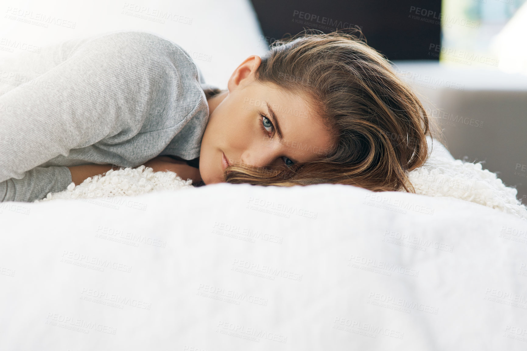 Buy stock photo Home, morning and portrait of woman in bed for relaxing, resting and wake up from sleep in bedroom. wellness, house and face of person with cosy blanket on weekend, vacation and break for comfort
