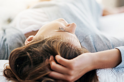 Buy stock photo Sleeping, morning and woman in bed in home for relaxing, resting and wake up from dreaming. Bedroom, house and closeup of person with blanket on weekend, vacation and break for comfortable nap