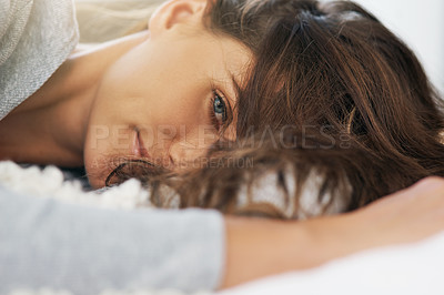 Buy stock photo Woman, sleeping or rest in bedroom portrait tired for morning peace, comfort and self care. Person, relax or calm lying on pillow and blanket for dreaming, fantasy or enjoying lazy weekend at home