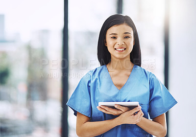Buy stock photo Healthcare, smile and portrait of nurse with tablet in hospital for support, help and advice in clinic. Health care, happiness and medicine, confident and happy woman, medical professional with space