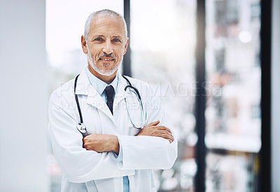 Buy stock photo Healthcare, confidence and portrait of senior doctor with pride in hospital for support in clinic. Health care boss, happiness and medicine, confident and happy man, medical professional with smile.
