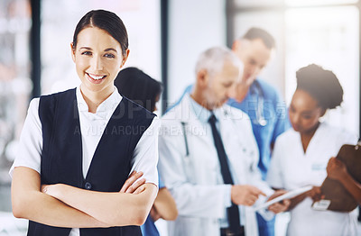 Buy stock photo Healthcare, hospital and portrait of woman with arms crossed, smile and happiness with support in clinic. Health care, manager and medicine, confident and happy face of nurse or medical professional.