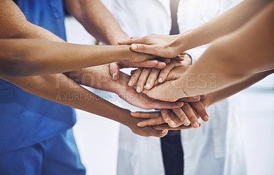 Buy stock photo Teamwork, medical and support with hands of doctors for community, collaboration and solidarity. Medicine, healthcare and expert with closeup of people in meeting for target, goals and faith