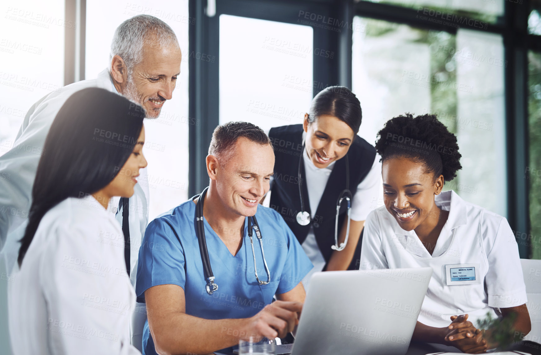 Buy stock photo Healthcare, meeting and doctors with laptop for research, planning and hospital schedule management. Health, professional and people team online for collaboration, brainstorming or medical innovation