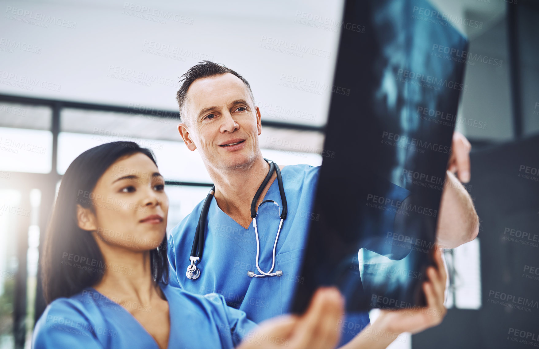 Buy stock photo Teamwork, medical and consulting with doctors and xray for results, help and support. Collaboration, healthcare and medicine with people in hospital for solidarity, expert and mentor review