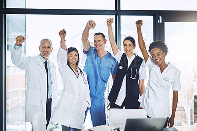 Buy stock photo Doctor, team and celebration in healthcare for winning, success or achievement together at the hospital. Group portrait of happy doctors in joy for medical win, victory or teamwork at the clinic