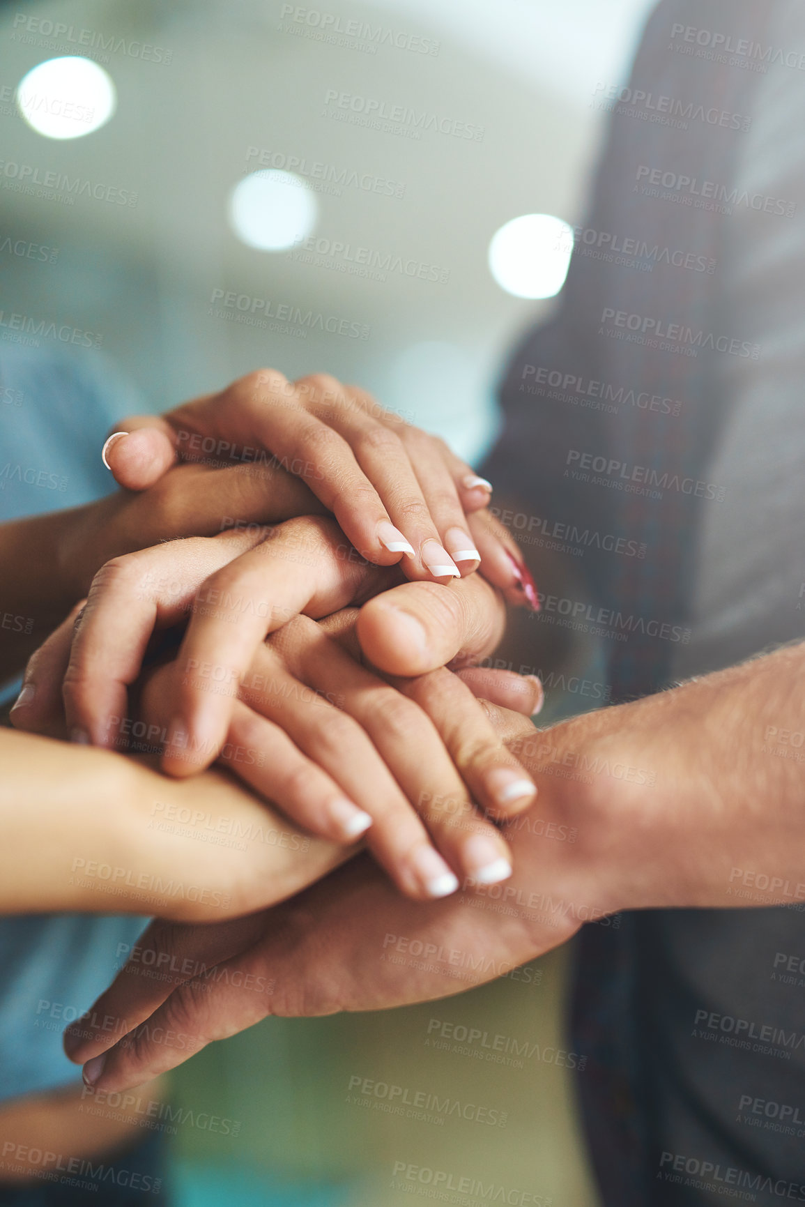 Buy stock photo Stack, hands and people with support in office for  teamwork, planning and meeting together of partnership. Collaboration, staff and agreement, project commitment and trust for business goals 