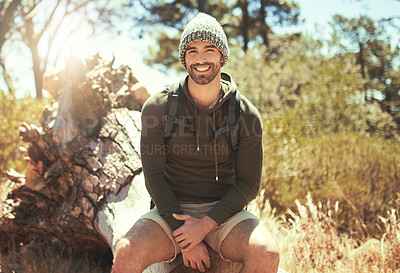 Buy stock photo Portrait, man and happy with hiking outdoor for fitness, travel adventure or trekking location in nature. Smile, male person and relax with backpack of cardio exercise, sustainable vacation or health