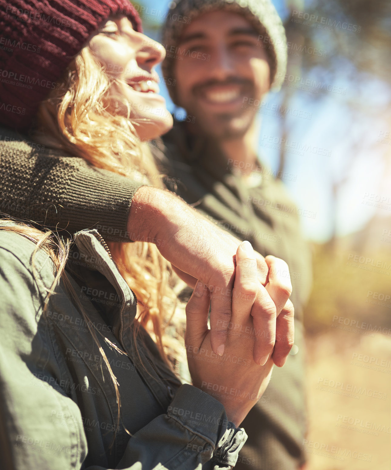 Buy stock photo Couple, holding hands and love for hiking outdoor, fitness adventure or romance of travel location in nature. People, hug and support of cardio exercise, calm morning and bonding for trekking holiday