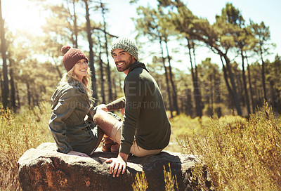 Buy stock photo Couple, hiking and portrait for fitness outdoor of travel adventure, trekking location and nature sightseeing. Smile, people and relax with bonding, cardio exercise and romantic for vacation explore