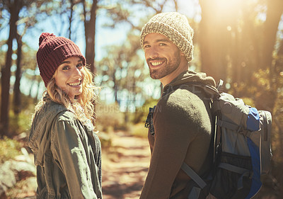 Buy stock photo Portrait, couple and hiking with smile outdoor with backpack, trekking path and travel adventure in nature. People, happy and walking for fitness, health bonding and cardio together of forest trail