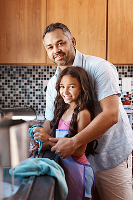 Buy stock photo Child, portrait and father washing dishes in kitchen together for learning housekeeping at home. Teaching, hygiene and dad with girl kid cleaning with cloth for chores and bonding at family house.