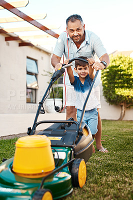 Buy stock photo Portrait of happy father, child and lawn mower in garden for helping to cut grass, backyard or learning responsibility. Dad, boy and kid in teaching life skills with gardening machine for outdoor fun