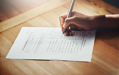 Buy stock photo Hand, survey and pen writing on checklist for legal contract, loan application data or insurance agreement. Person, document and information for documentation, policy compliance or paperwork report