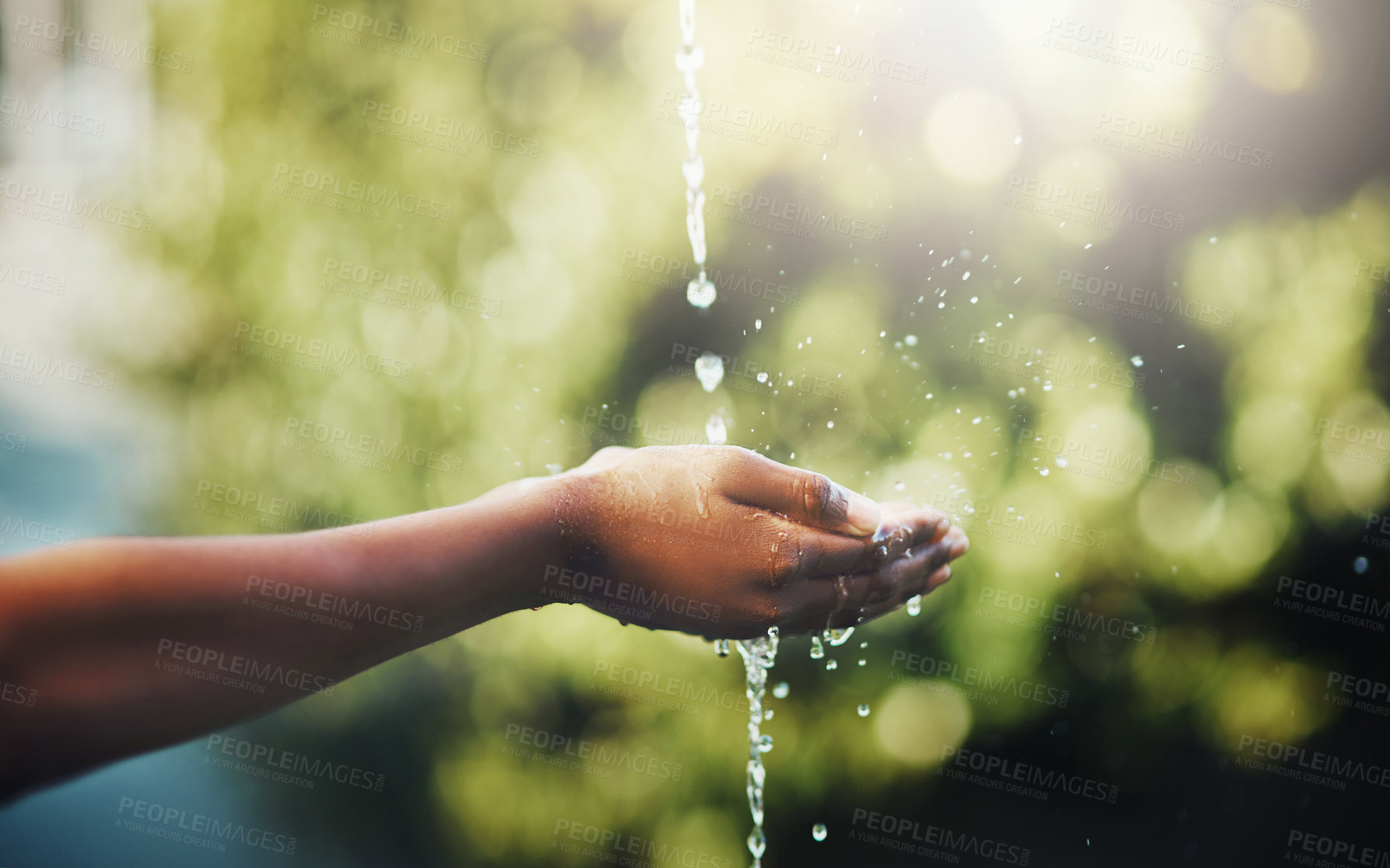 Buy stock photo Hands, water splash and cleaning in nature outdoor for hygiene, health and wellness for hydration on mockup. Aqua, hand and person washing for care, bacteria and prevent germs, dirt or dust outside.