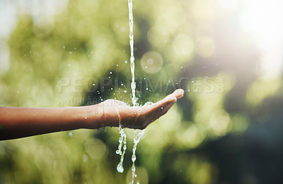 Buy stock photo Hands, water splash and washing in nature outdoor for hygiene, health and wellness for hydration on mockup. Aqua, hand and person cleaning for care, bacteria and prevent germs, dirt or dust outside.