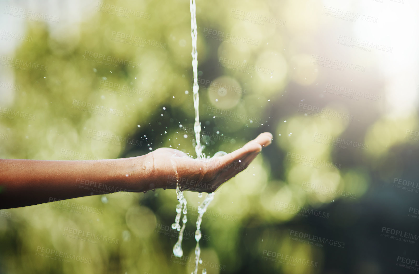 Buy stock photo Hands, water splash and washing in nature outdoor for hygiene, health and wellness for hydration on mockup. Aqua, hand and person cleaning for care, bacteria and prevent germs, dirt or dust outside.