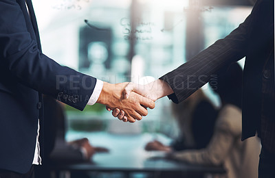 Buy stock photo Handshake, interview and hands of business people in a meeting for a deal, contract or partnership. Thank you, trust and corporate employees shaking hands for networking, recruitment or welcome