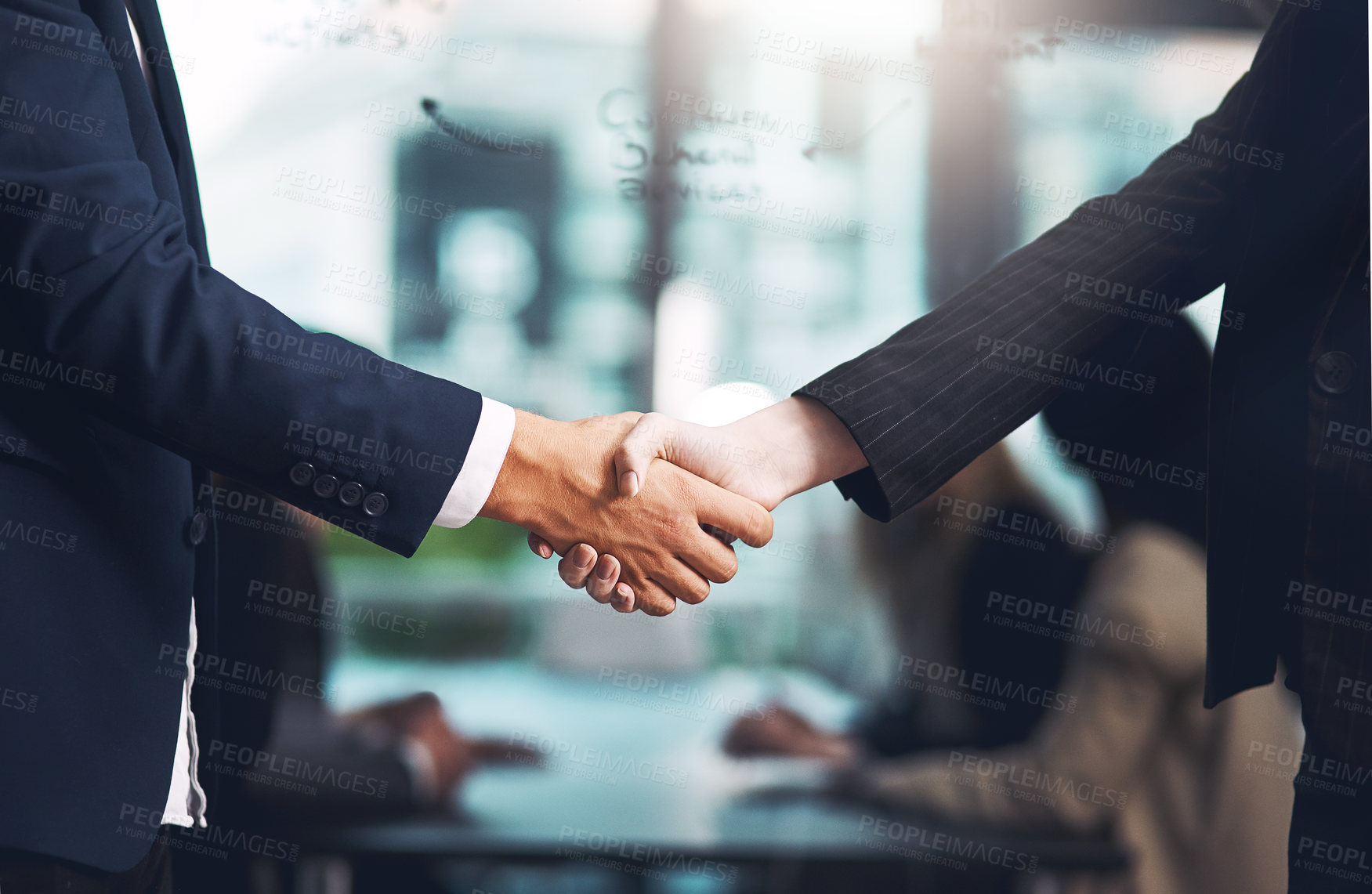 Buy stock photo Handshake, interview and hands of business people in a meeting for a deal, contract or partnership. Thank you, trust and corporate employees shaking hands for networking, recruitment or welcome