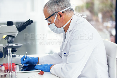 Buy stock photo Science, tablet and scientist writing results of a vaccine in after medical exam in a lab or laboratory. Medicine, research and healthcare man or chemistry professional with solution for covid