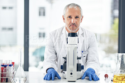 Buy stock photo Man, microscope and portrait of scientist in science research, breakthrough or discovery at the laboratory. Senior male doctor, medical or healthcare professional in scientific chemistry at the lab