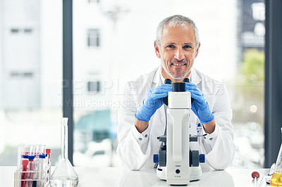 Buy stock photo Happy man, microscope and portrait of scientist in forensic science, breakthrough or discovery at laboratory. Male person, medical or healthcare professional with smile in scientific research at lab