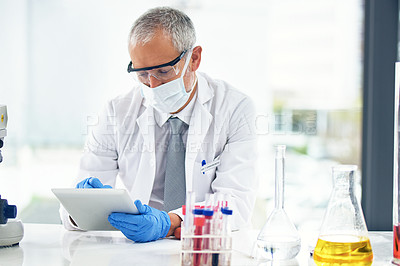 Buy stock photo Research, science and tablet with mature man in laboratory for breakthrough, experiment or innovation. Medical, pharmaceuticals and test with scientist in lab for discovery of covid cure or treatment
