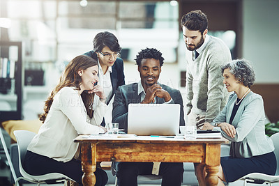 Buy stock photo Laptop, teamwork or business people in discussion in meeting for ideas, strategy or planning a startup company. Diversity, news or employees talking or speaking with leadership for growth in office