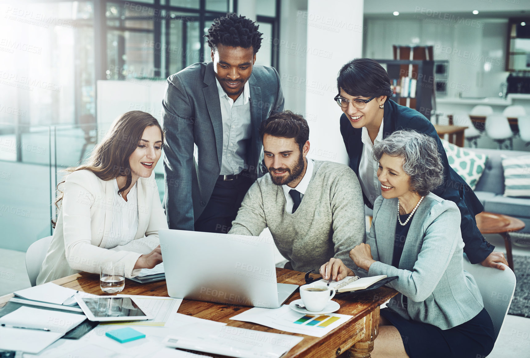 Buy stock photo Laptop, smile or business people planning in meeting for team strategy or working on project in company. News, digital or happy employees smiling or talking in group discussion for growth in office 