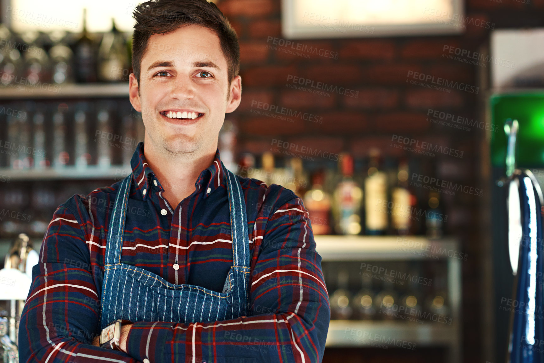 Buy stock photo Owner, portrait and smile with confidence, restaurant and small business startup for pizzeria. Chef, entrepreneur and arms crossed for bistro, food and service industry man in New York cafe in apron