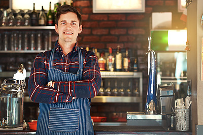 Buy stock photo Cropped shot of a young male restaurant owner